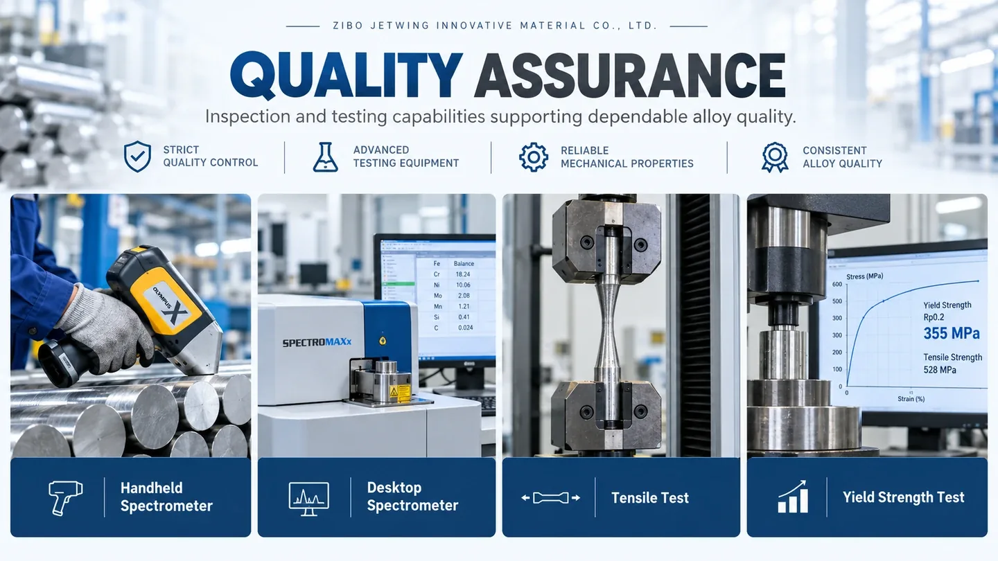 Zibo Jetwing quality assurance: handheld spectrometer, desktop spectrometer, tensile testing and yield strength testing equipment.